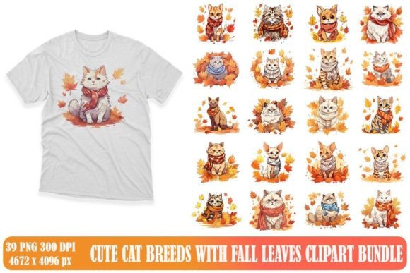 Cute Cat Breeds with Fall Leaves Clipart Bundle